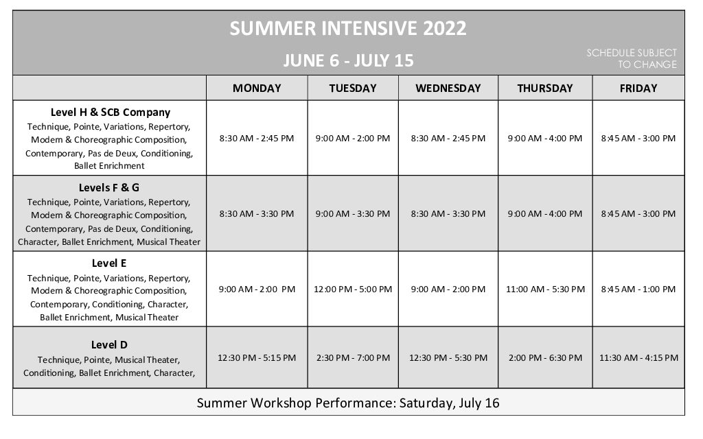 2022 Summer Schedule Salt Creek Ballet